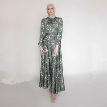

Eid Mubarak Satin Floral Printed Abaya Dubai Turkey Kaftan Muslim for Women Hijab Dress Caftan Marocain Musulmanan Dress Clothes