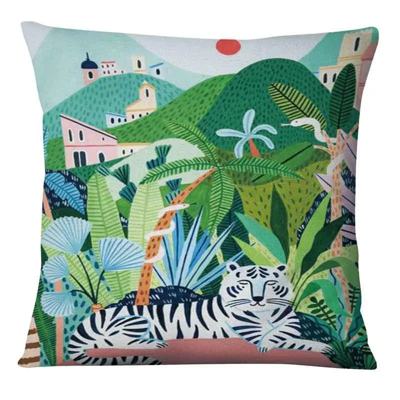 Cute Sloth In Green Tropical Botanical Leaves Art Painting Print Pillowcase Jungles Praying Mantis Cushion Decorative Pillow floor cushions Cushions