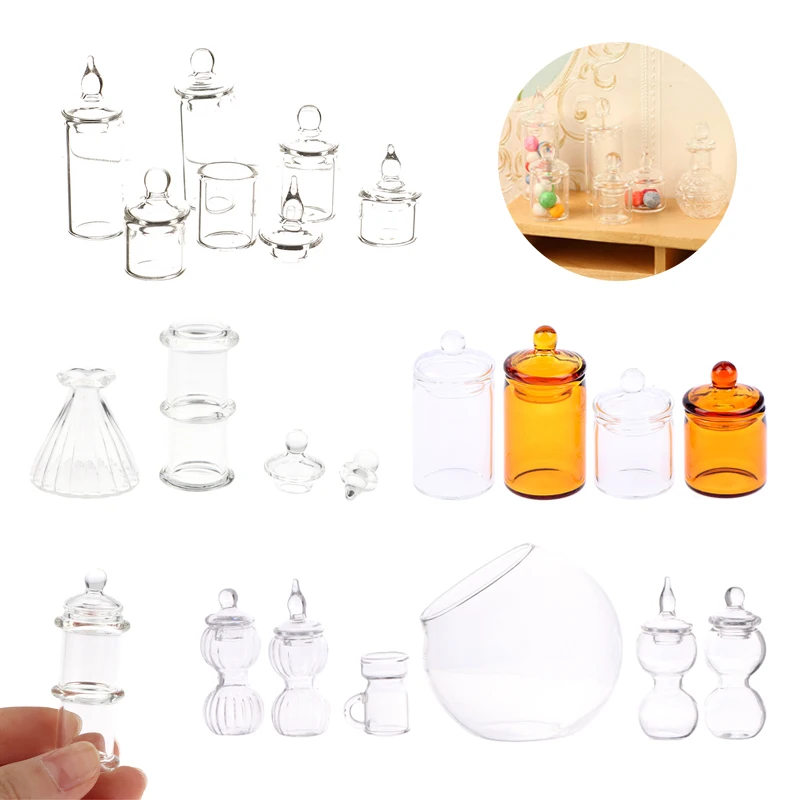 1:12 Dollhouse Miniature Furniture Accessories Transparent Glass Jar Christmas Candy Storage Bottle with Cover Doll House Decor 300pcs kraft stickers paper labels blank christmas gift for jar candle glass bottle office classification stationery stickers