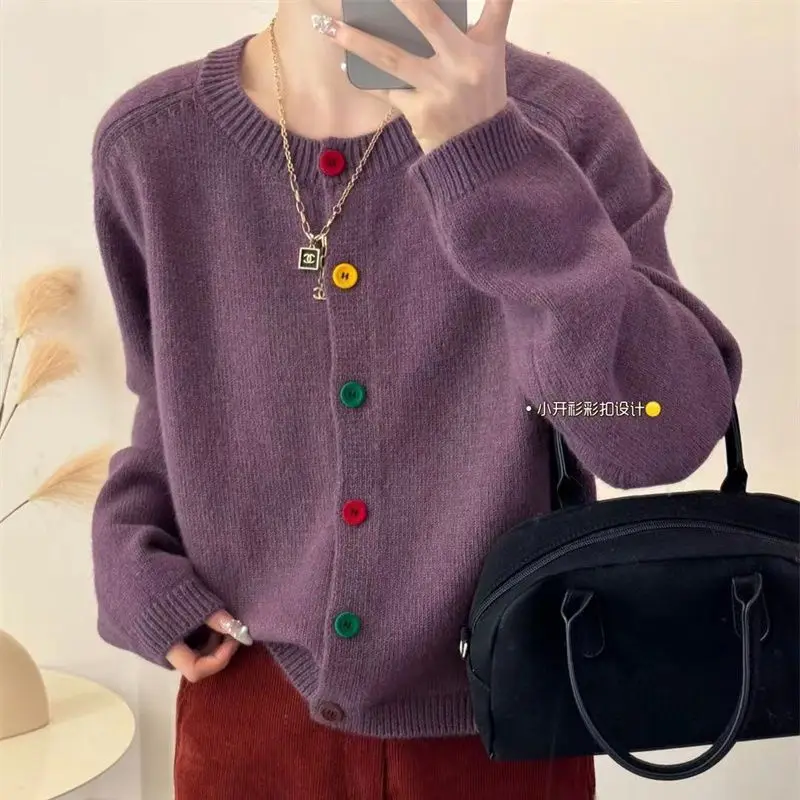 Japanese Sweet and Fresh Round Neck Colorful Button Knitwear Coat Academy Style Western Versatile Sweater Women's Cardigan 5