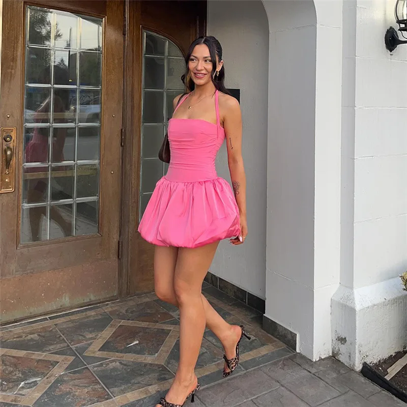 

Women Sexy Backless Halter Mini Dress Elegant Sleeveless Puff Pleated Hem A-line Dresses 2024 Lady Slim Solid Party Evening Robe