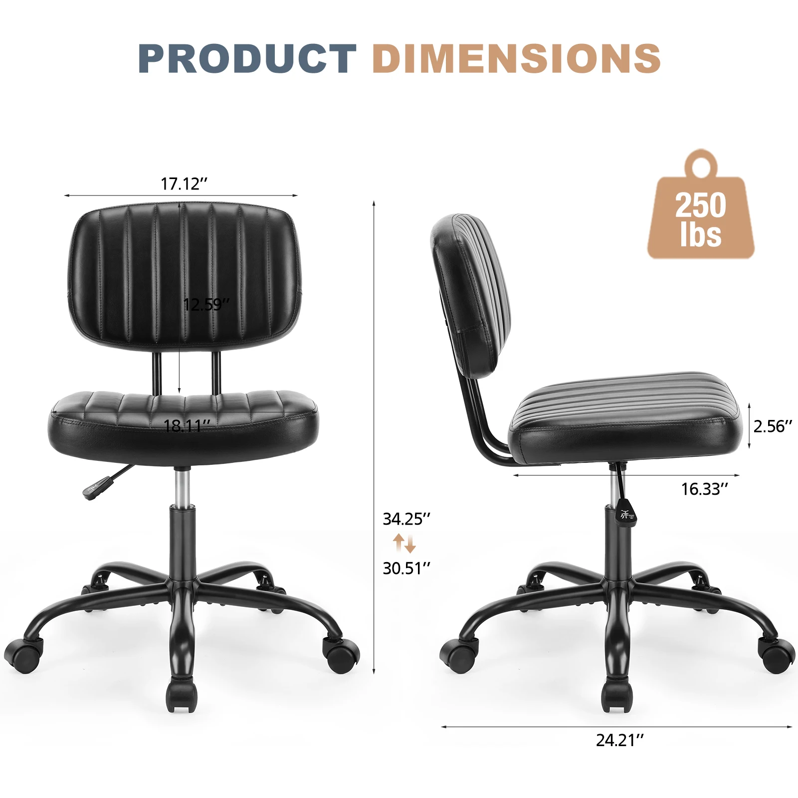 JHK Armless Office Desk Chair Back Lumbar Support Height Adjustable PU Leather Computer Chair with 360° Swivel Rolling Wheels 4