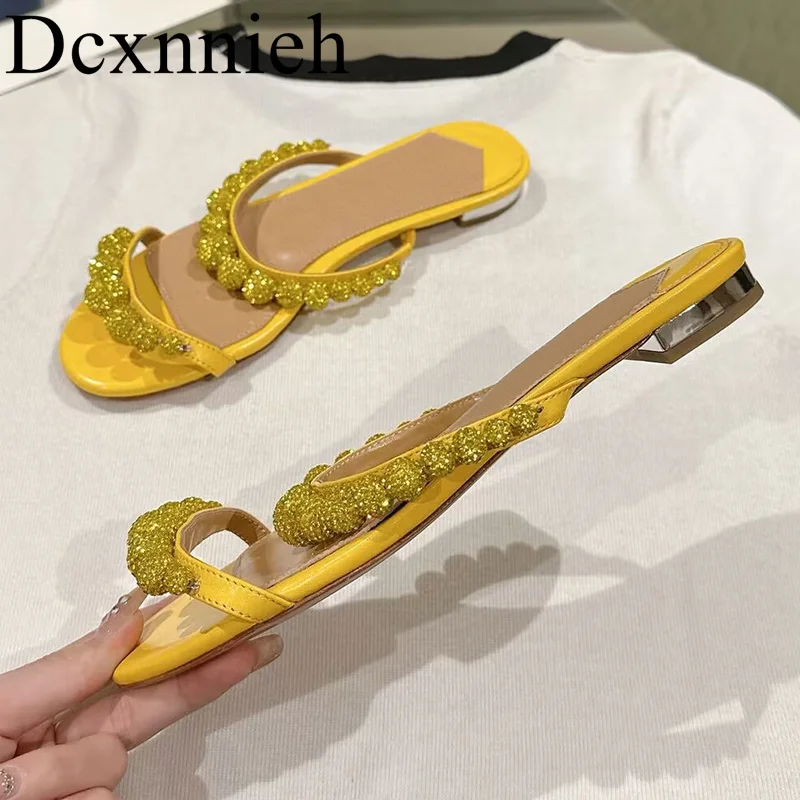 

New Women's Round toe open toe fashionable slippers sparkling crystal decoration versatile slippers vacation leisure beach shoes