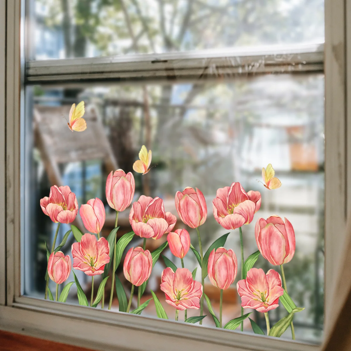 Pink Tulip & Butterfly Window Cling Stickers 56x29cm Double-Sided View Static Decals Home Decor Films