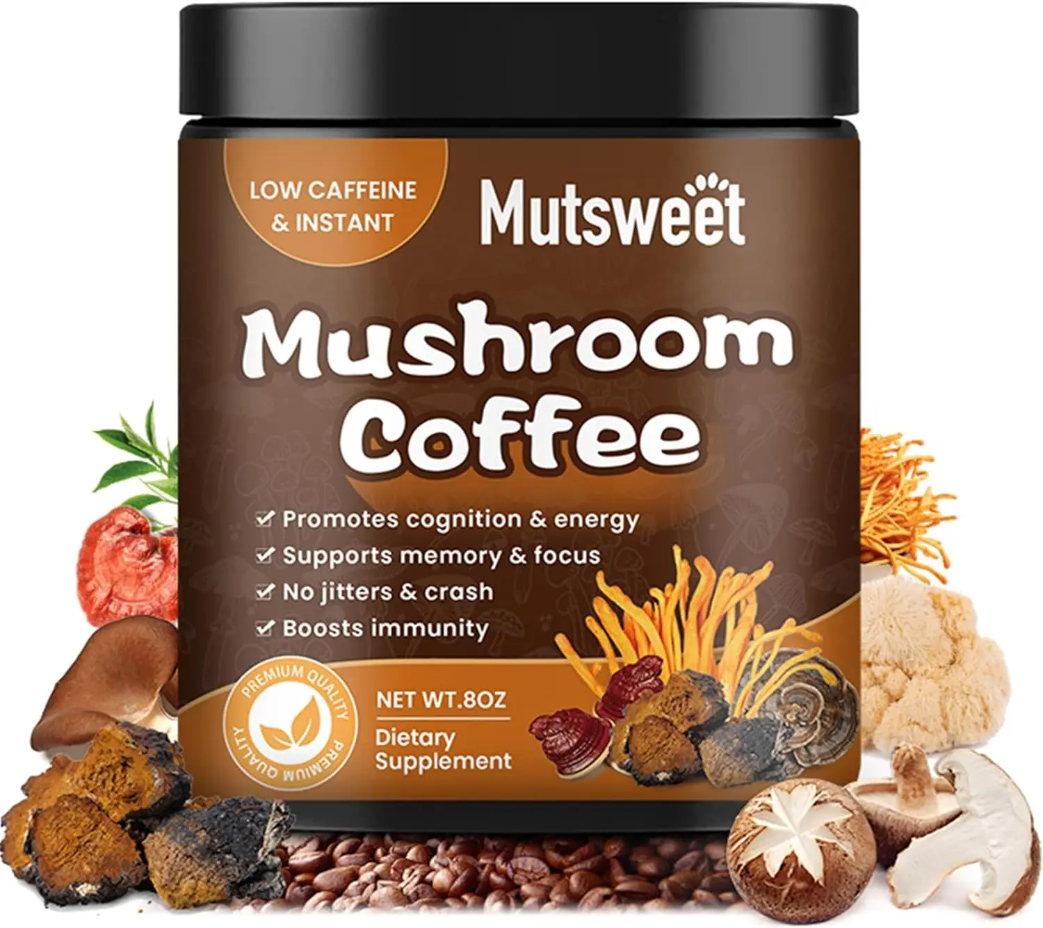Mutsweet Mushroom Coffee Supplement with Reishi Mental Clarity Concentration Support Brain Booster energy booster lions mane mushroom capsules reishi capsules