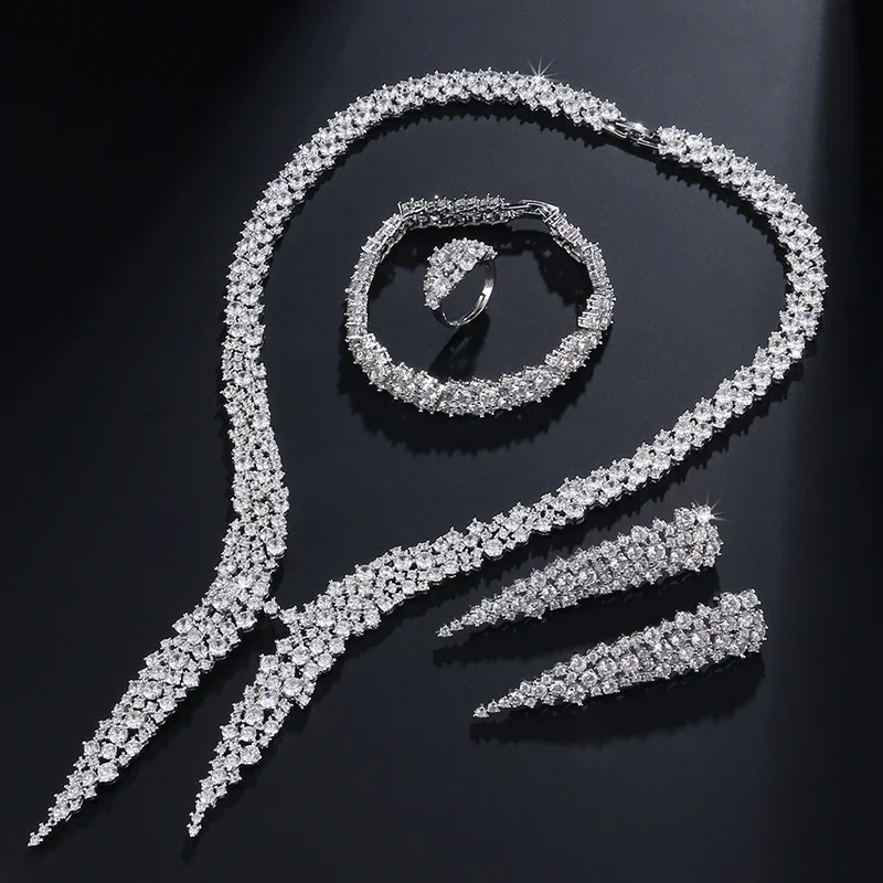 

RAKOL Luxury White Full Zirconia Inlay Bridal Jewelry Sets for Women 4 Piece Earring Necklace Bracelet Ring Wedding Set