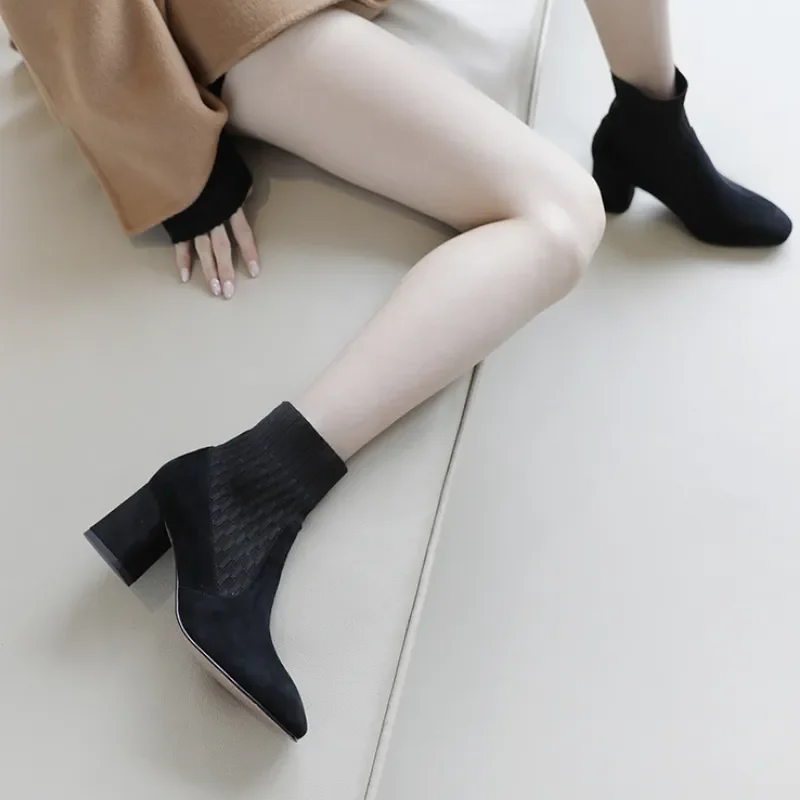 Pointed Ankle Boots Winter Women New Casual Chelsea Boots Women Medium Heel Knitted Sock Boots Women Faux Suede Female Heels