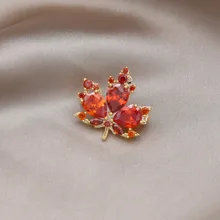  Korea New Fashion Jewelry 14K Gold plated Orange Zircon Maple Leaf Pendant Earrings Necklace Elegant Women's Party Accessories 