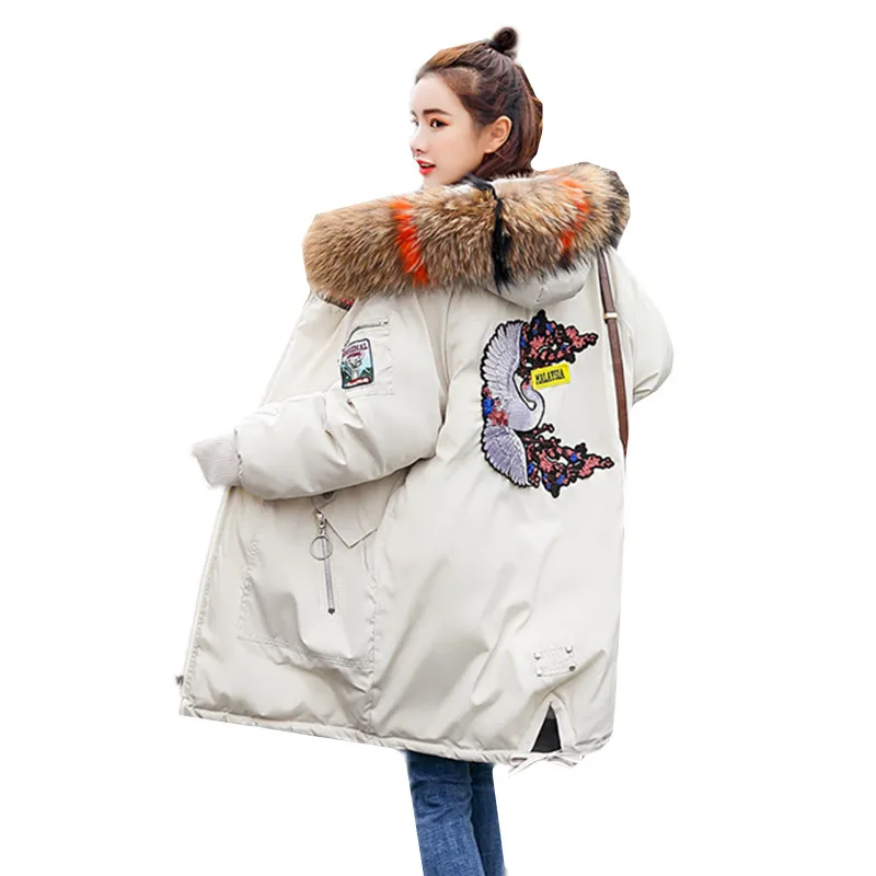 

UHYTGF Winter Jacket Women Parkas Coats Female Fur Collar Hooded Embroidered Animal Cotton Jackets Overcoat Womens puffer jacket