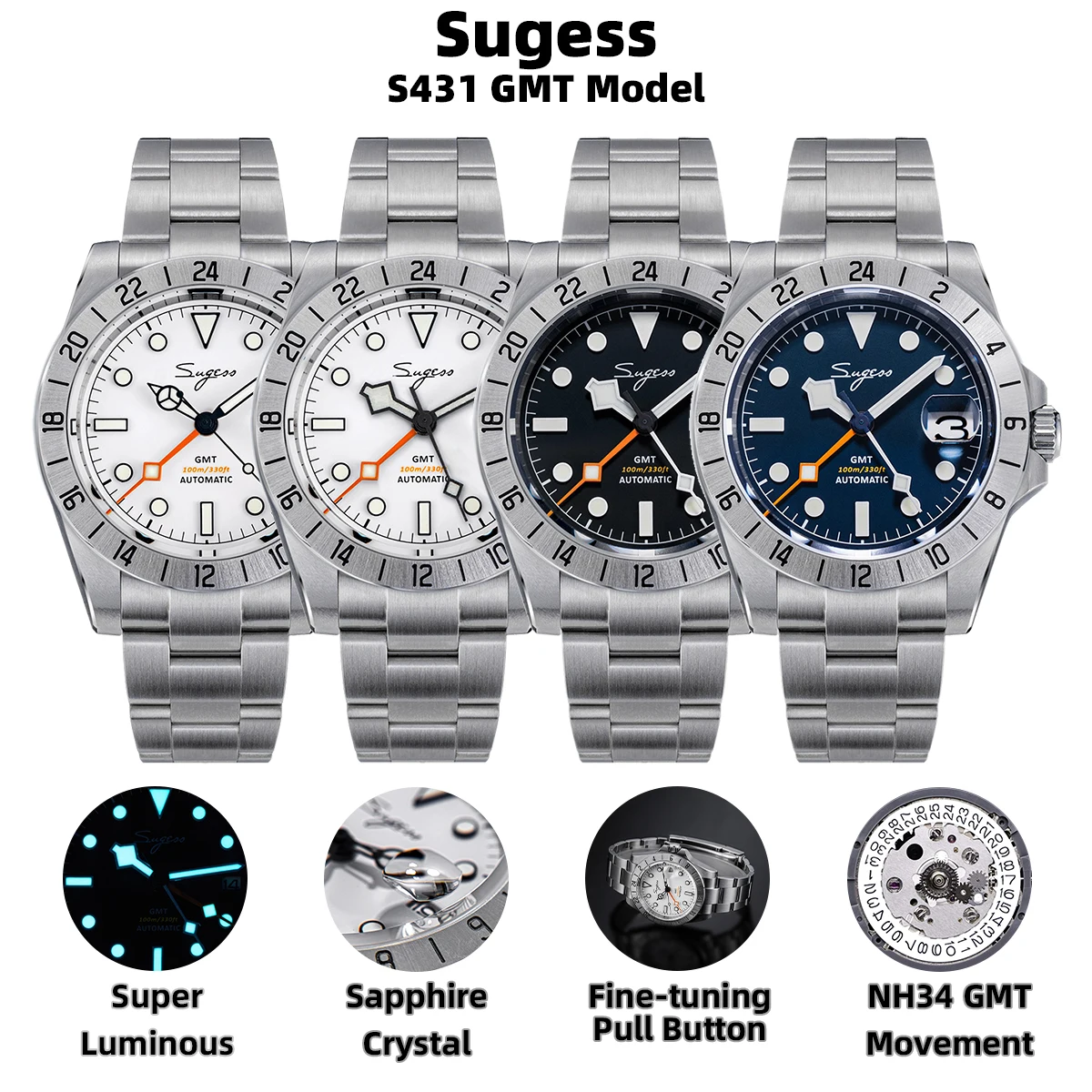 Sugess Men Watch GMT Automatic NH34 Movement 100M Waterproof