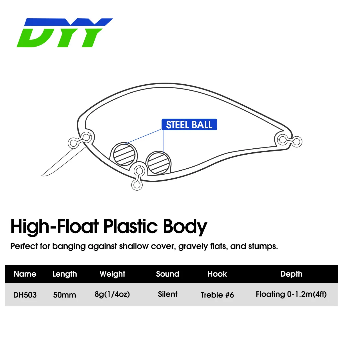 DYY Squarebill Crankbaits 50mm 6g 미노우 낚시 미끼 Wobblers 청어 파이크 송어 배스 낚시 미끼 용 인공 하드 미끼