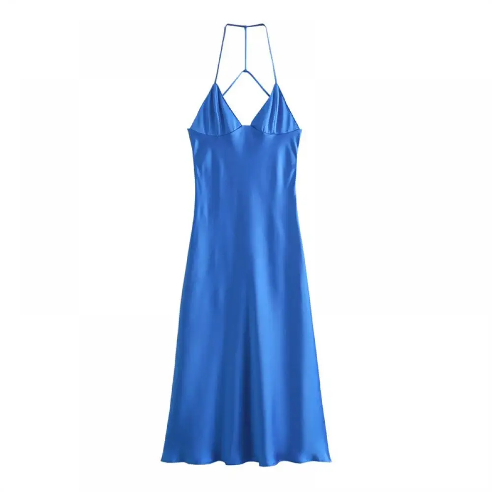 

Summer Sleeveless Satin Sling Dress Women Blue Backless Low Cut Spaghetti Strap Dress Sexy Bodycon Cami Sling for Party Club