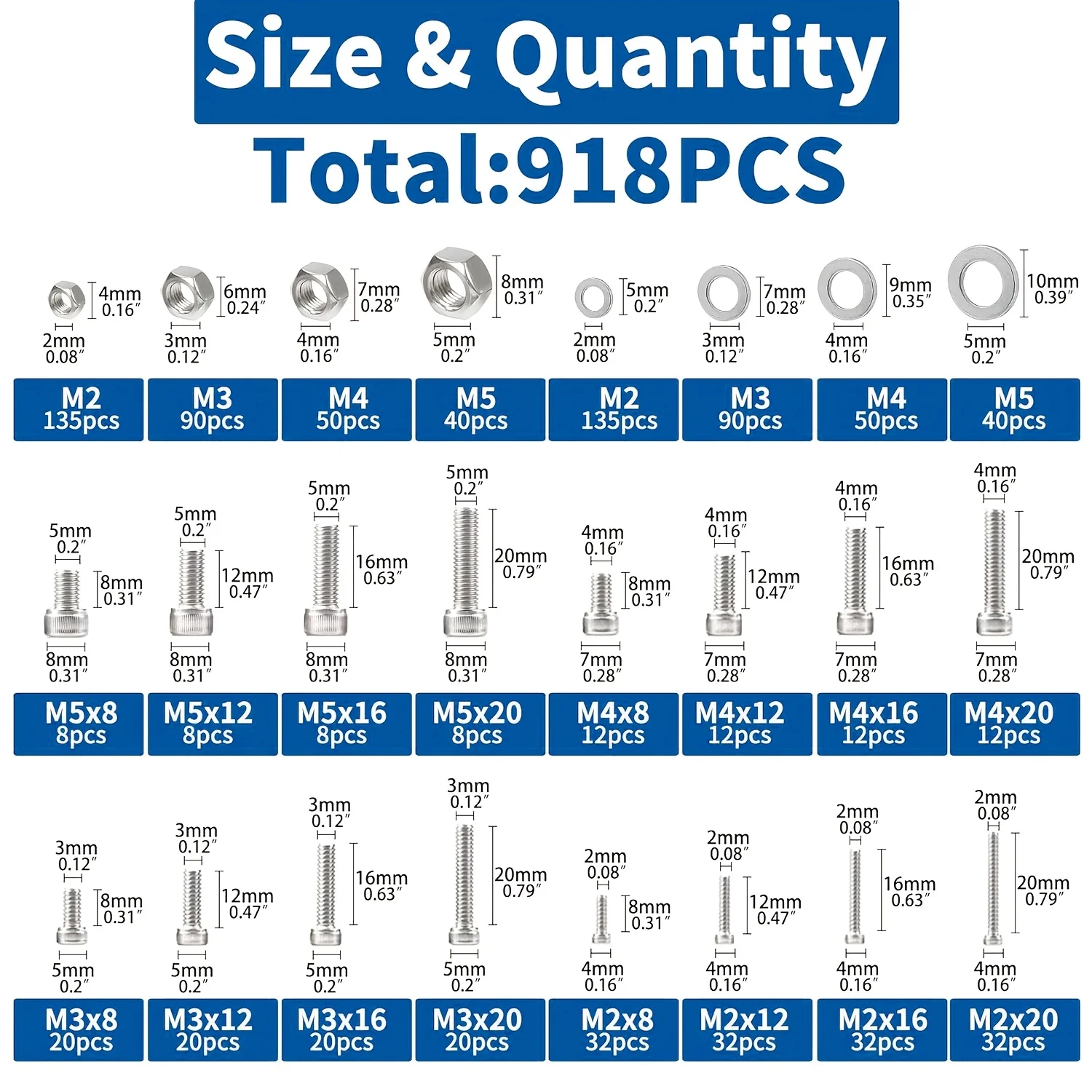 918pcs Nuts And Bolts Assortment Kit M2 M3 M4 M5 Hex Head 304 Stainless Steel Bolts Nuts Flat Washers