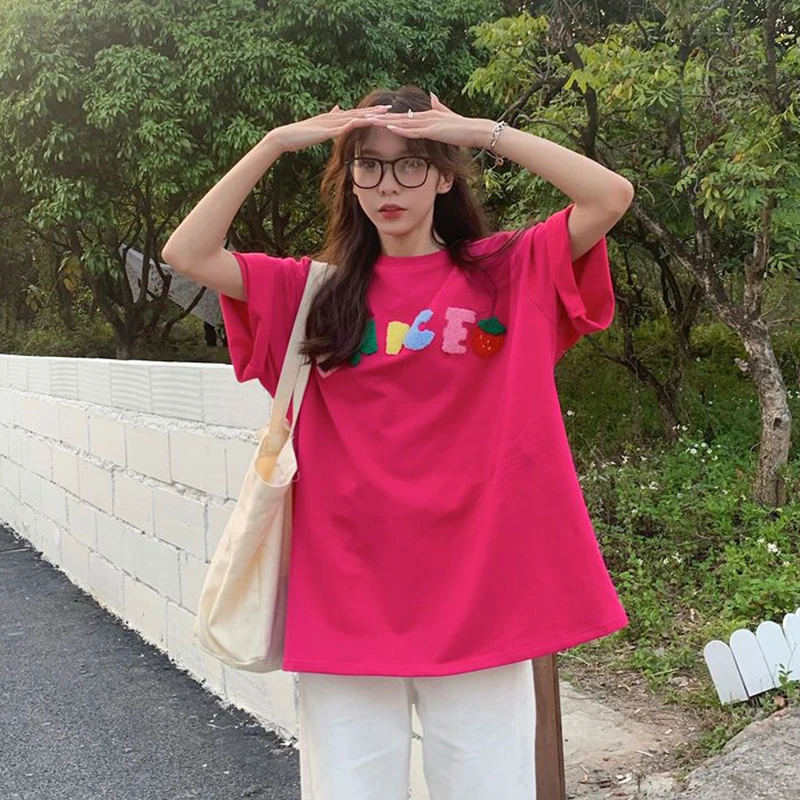 여성용 산뜻한 자수 루즈핏 O넥 얇은 반팔 비치 티 셔츠, 한국 레터 화이트 탑 티, 여름