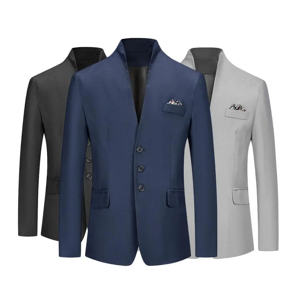 

Formal Blazer Solid Color Stand Collar Long Sleeve Business Blazer Single Breasted Slim Fit Pockets Suit Jacket for Office