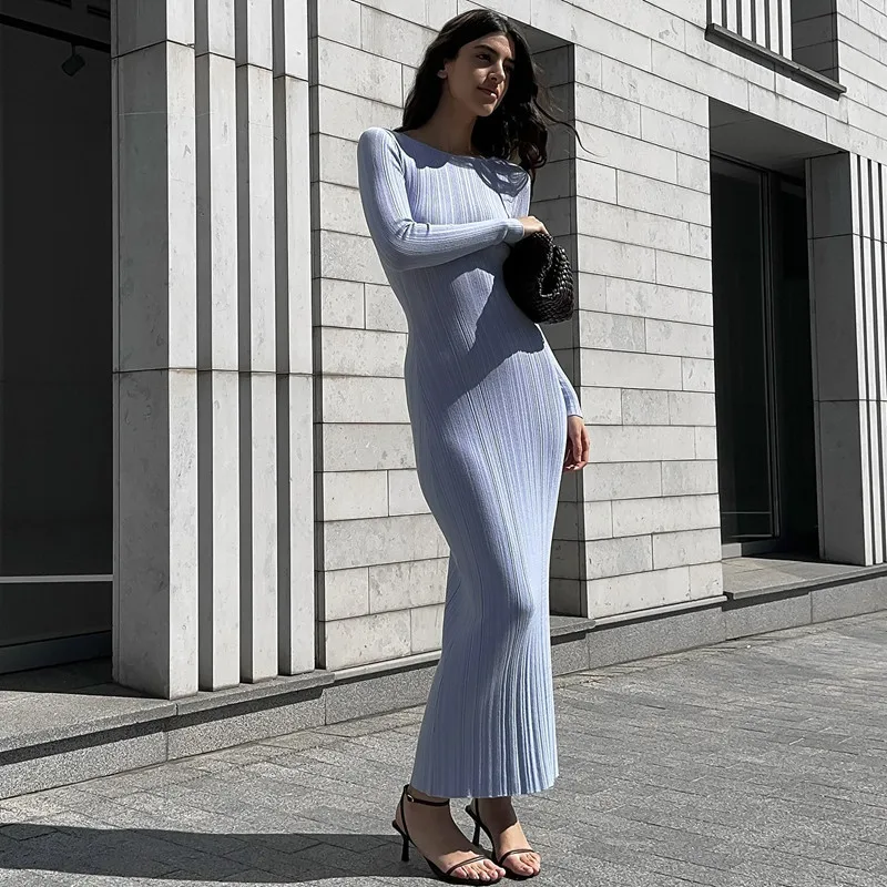 Fashion Autumn Slim Maxi Dress For Women High Waist Patchwork Ribbed Elegant Party Dress Ladies Solid Long Dress Clothes