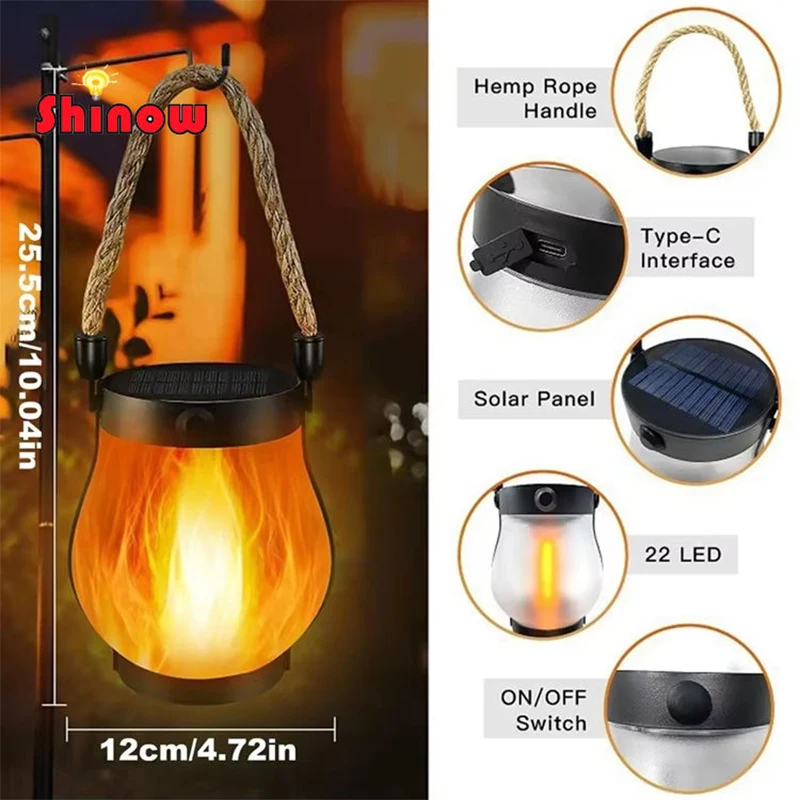 USB 충전식 캠핑 라이트 22 LED 태양광 불꽃 효과 조명 IPX4 방수 800 루멘 1200mAh 걸이형 랜턴 야외 조명