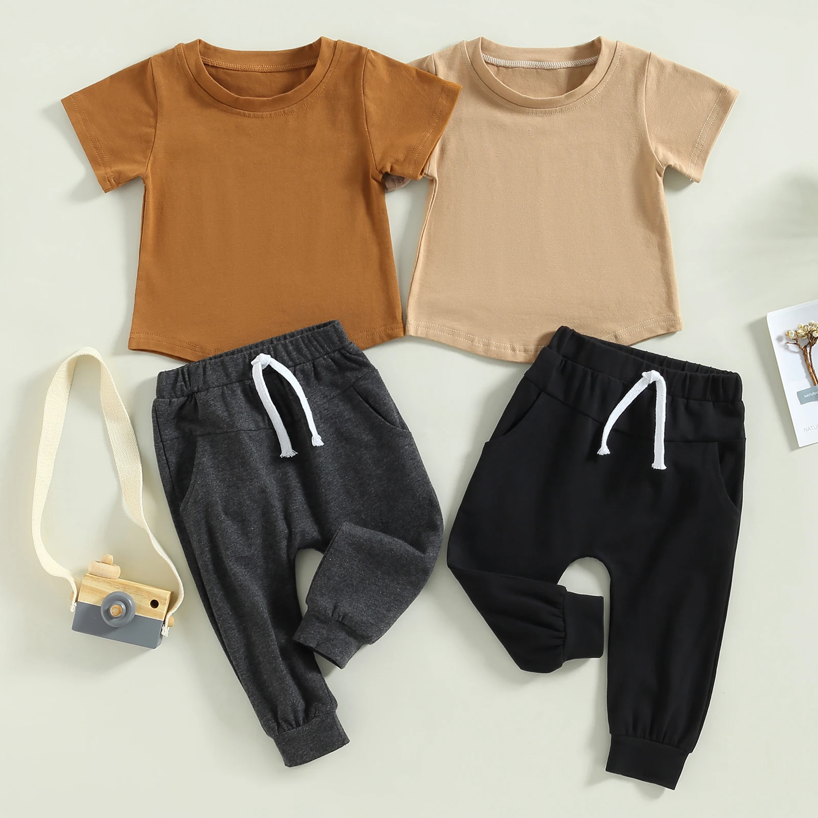 Infant Baby Boys Spring Clothes Set Solid Color Short Sleeve Crew Neck