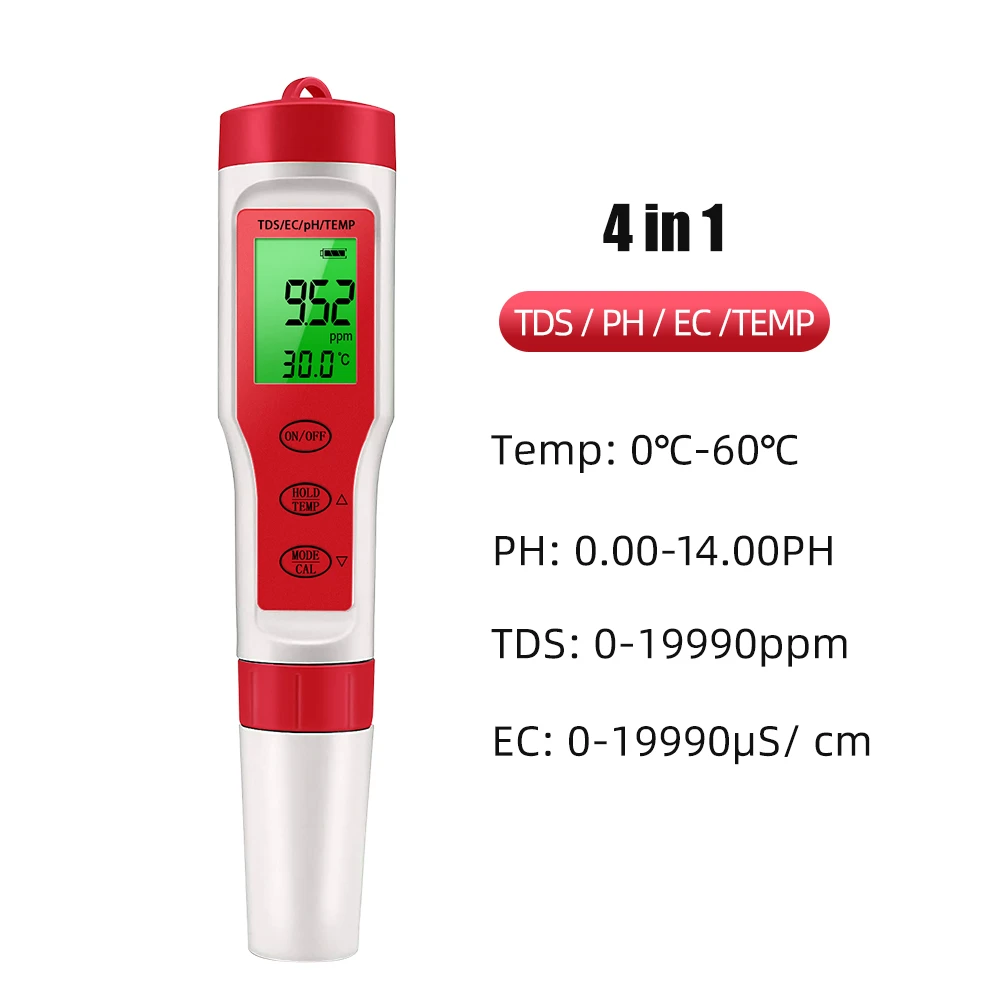 4 In1 PH Meter TDS/PH/EC/Thermometer Meter Digital Water Quality Monitor Tester For Pools Drinking Water Aquariums