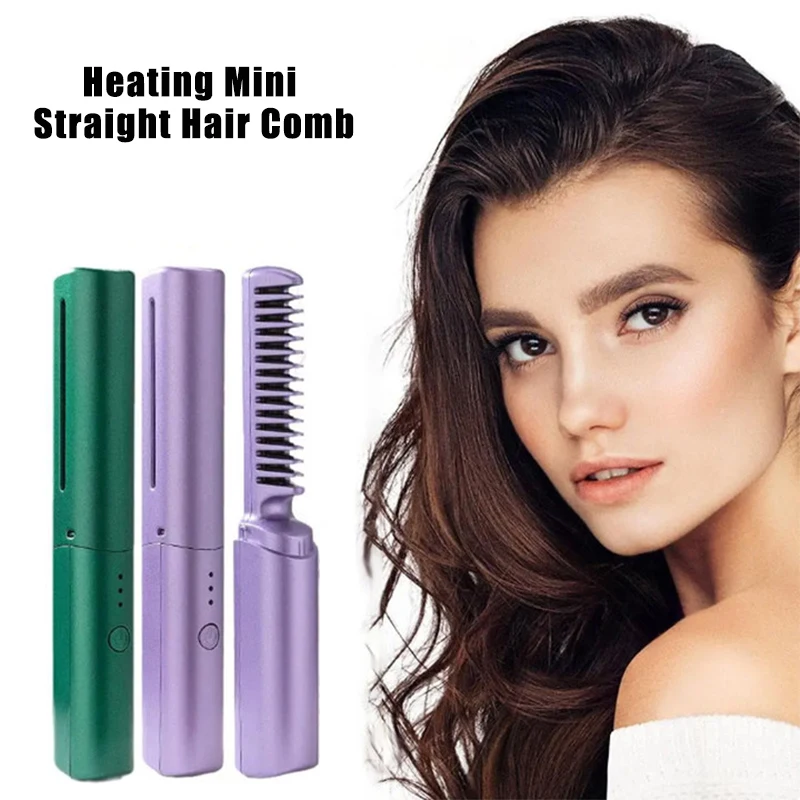 Hair Straightener Curler Comb USB Rechargeable Anti-Scald Portable Wireless Hair Straightener Brush Comb for Home Travel Women