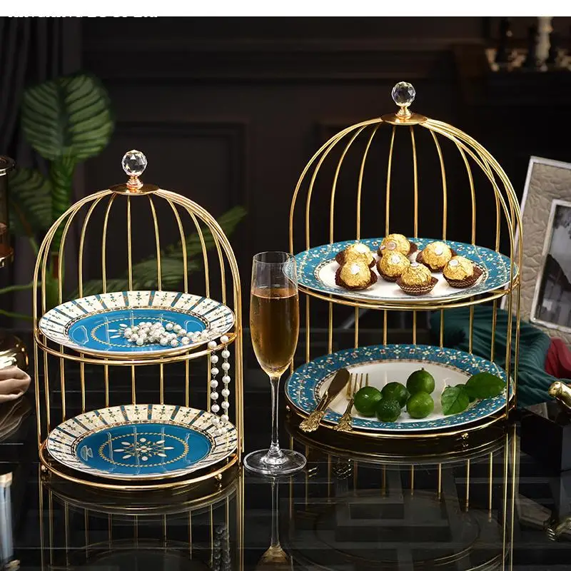 

Creative Ceramic Double-layer Tray Dessert Plate Modern Living Room Fruit Snack Dish Household Tableware Bird Cage Cake Stand