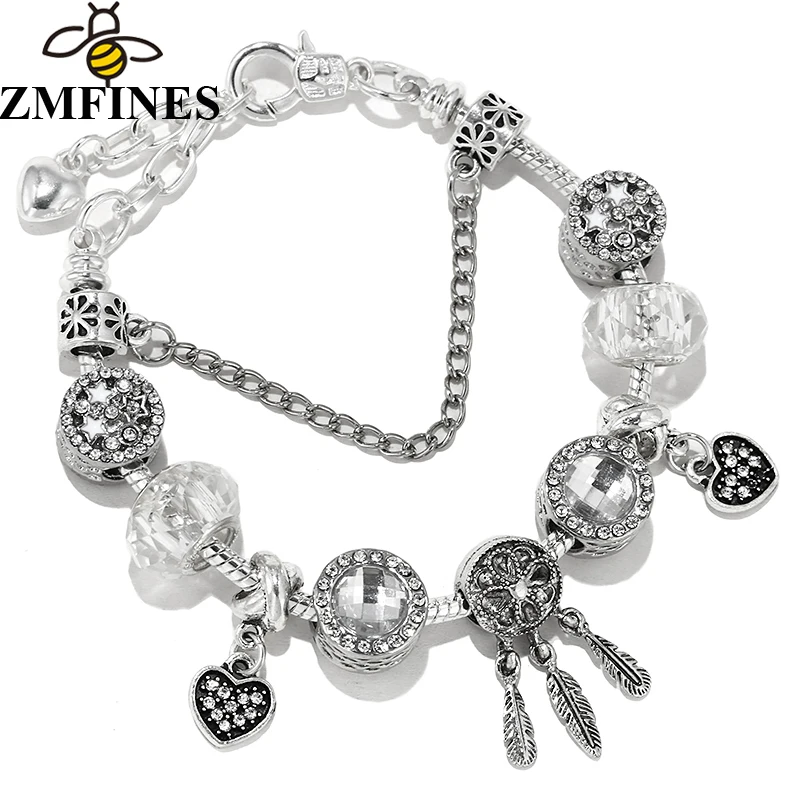 

Silver Color Crystal Charm Beads Pendant DIY Lobster Clasps Snake Chain Charm Bracelet For Women Children Jewelry Dropshipping