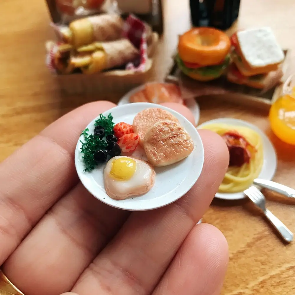 NEW Cute 1/6 Scale Dollhouse Miniature Breakfast Mini Bread Waffle Bacon Bagel Clay Food for Doll Kitchen Toys Accessories 6