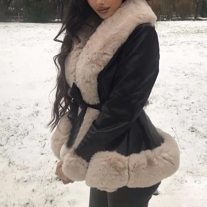 Abrigo de piel sintética con cuello de piel para mujer, abrigo ajustado de manga larga con cordones, chaqueta elegante de calle para invierno, ropa de mujer