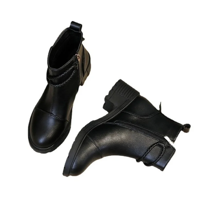 2022 Winter Leather Ankle Boots for Women Shoes Round Toe ZIP Women Boots Office Lady Female Boots Platform Shoes Grown