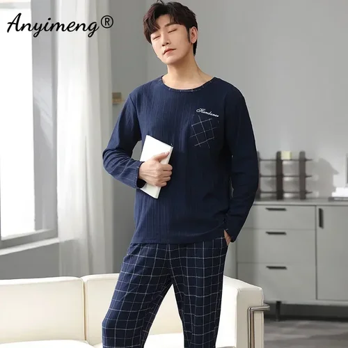 남성용 캐주얼 잠옷, 체크 무늬 바지, 코튼 잠옷 세트, 빅 사이즈, 세련된 신사 PJS, 가을, 겨울, 신상 패션 6
