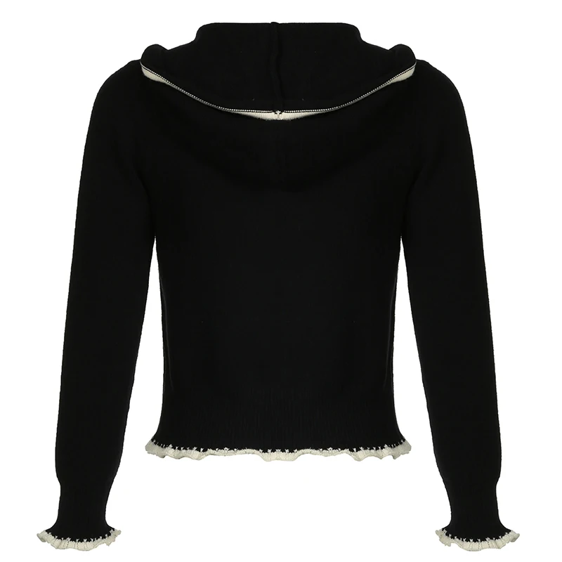 Black Lace Trim Knitted Sweater Cardigan Women Autumn Winter New Coat Sweet Basic All-Match Fashion 6