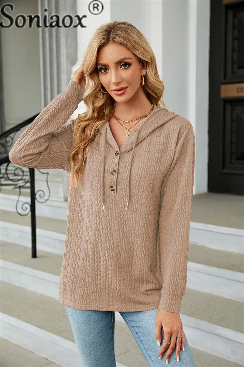 Autumn Winter Button Splice Hooded Sweatshirt Women Loose Long Sleeve Hoodie Female Solid Color Comfortable Commuter Casual Tops