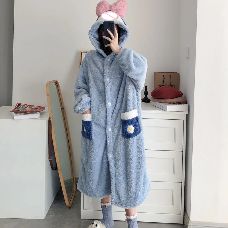 Women Bathrobe Winter Flannel Warm Robes Kawaii Sleepwear Velvet Pajamas Negligee Hooded Long Sleeve Nightwear Lounger Wear