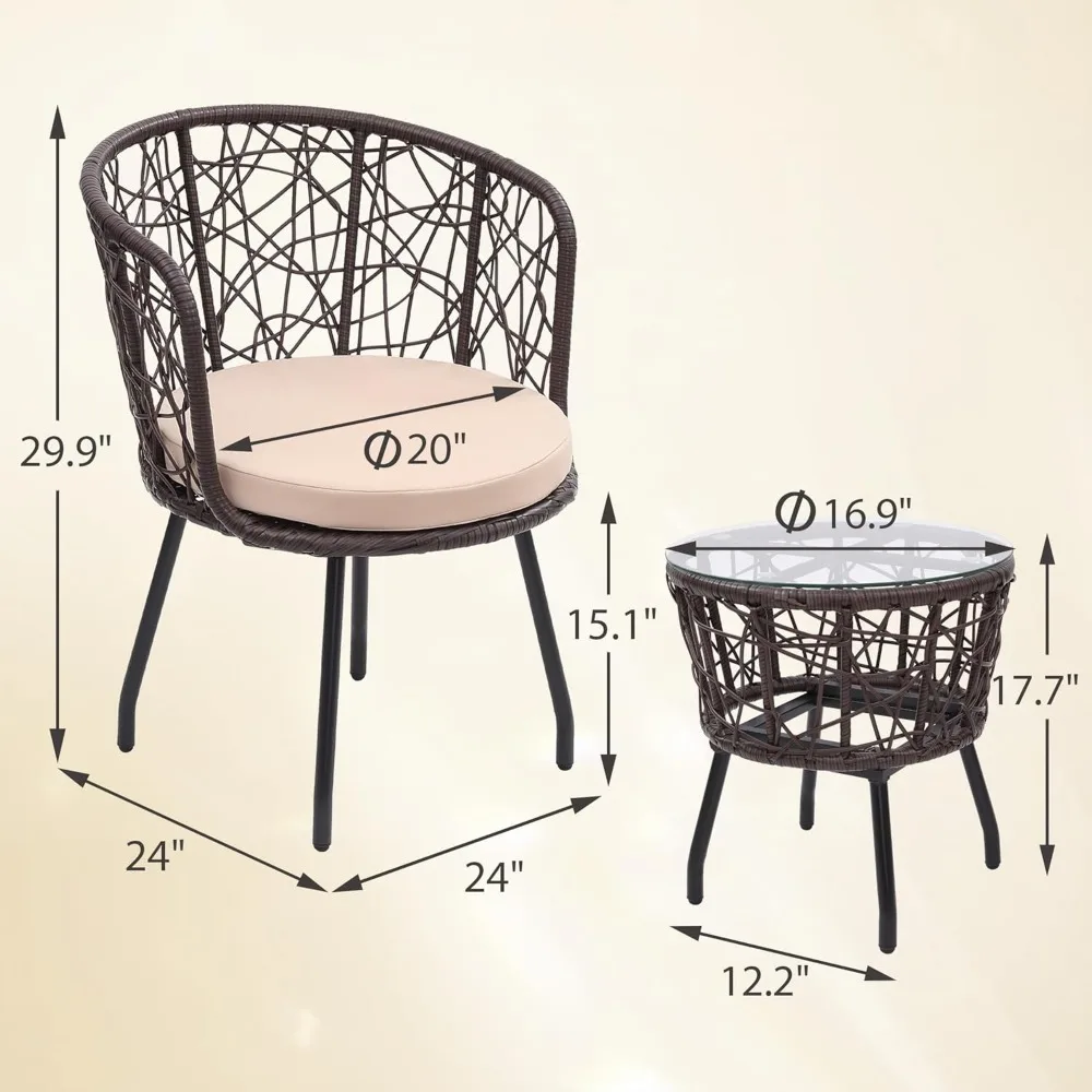 3 Piece Bistro Set, Modern Outdoor Wicker Patio Furniture with Tempered Glass Table Top and 2 Chairs, Washable Cushions 5