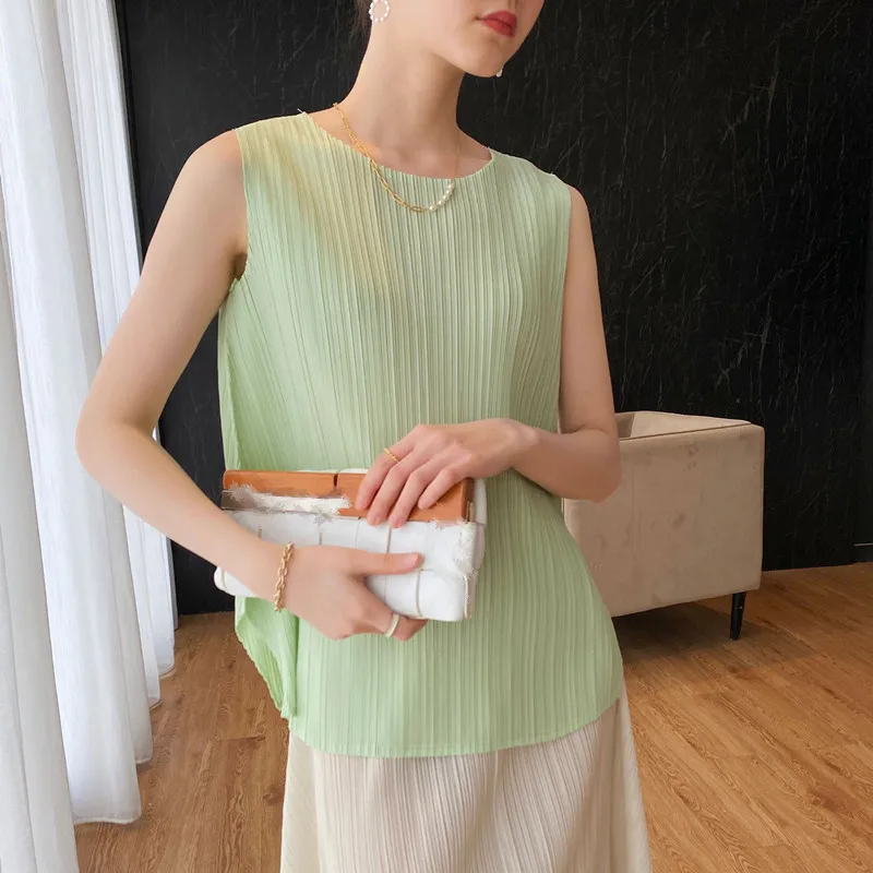 

Tank Tops For Women 45-75kg 2023 Summer Solid Color Stretch Miyake Pleated Loose Casual T-Shirts Female