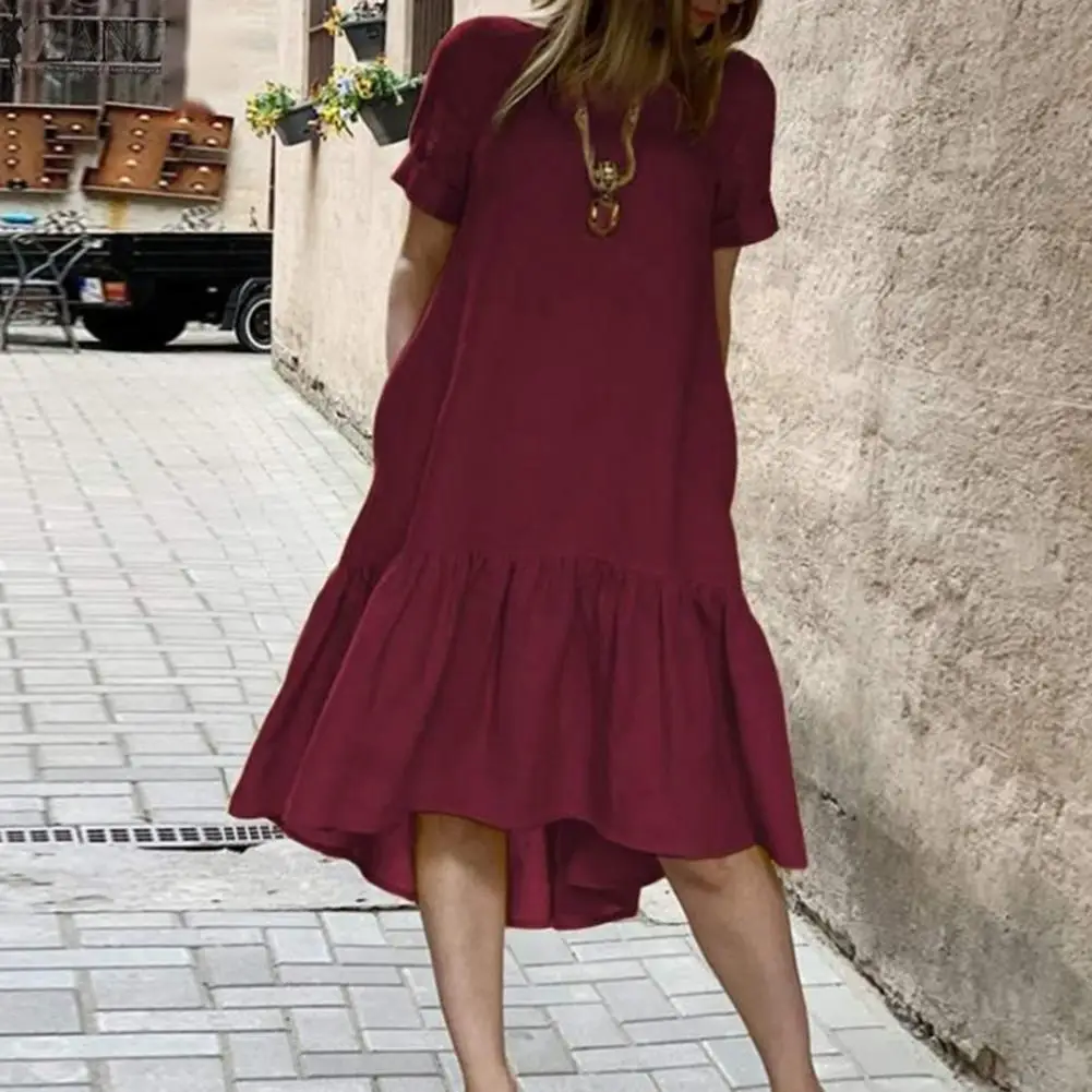 

Women Solid Color Dress Ruffle Hem Patchwork Women's Summer Dress O Neck Short Sleeves A-line Knee Length Soft Beach Midi Dress