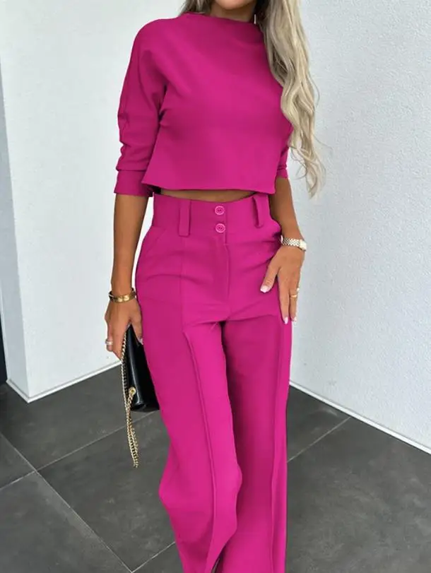 Women's Casual Commuter Two-piece Set Elegant Mock Neck Half Sleeve Crop Top and High Waist Pocket Design Buttoned Work Pants