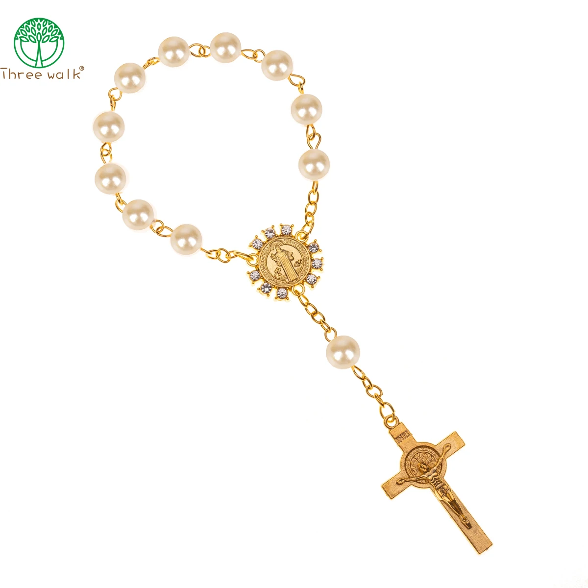 CR011 10pcs Imitation Pearl Beads Catholic Rosary Catholic Holy Communion Golden color Wings Crucifix Pendants Bracelet gift