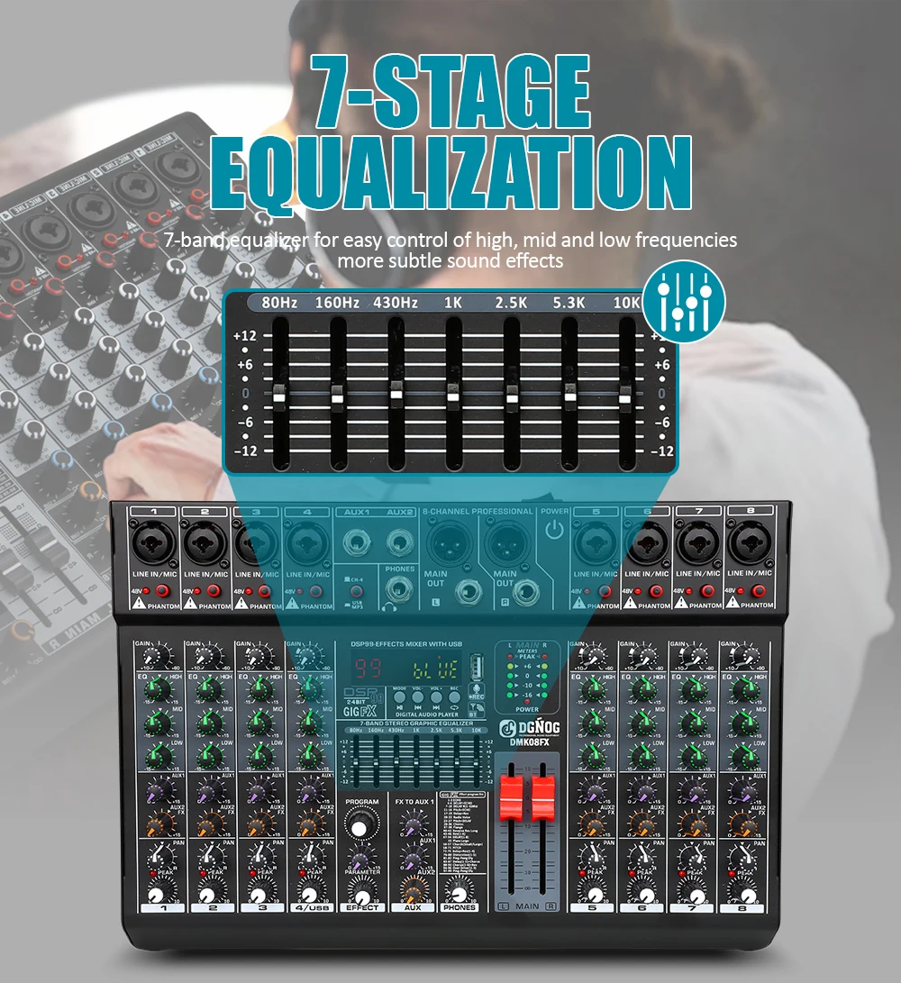 オーディオミキサー 16 DSP リバーブエフェクトを備えた 8 チャンネル