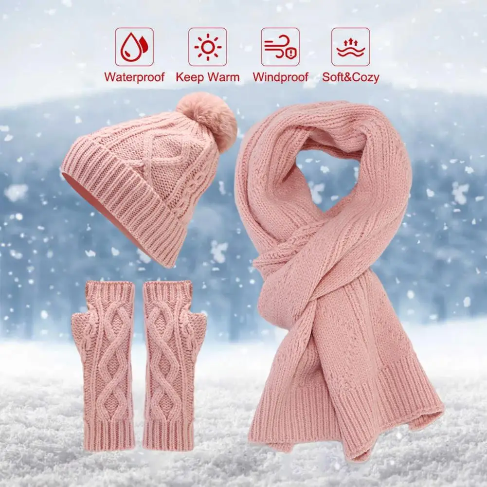 Winter Knitted Hat Scarf Gloves Winter Warm Hat Scarf Gloves Set Cozy Plush Ball Beanie Half Finger Gloves Long Scarf for Women