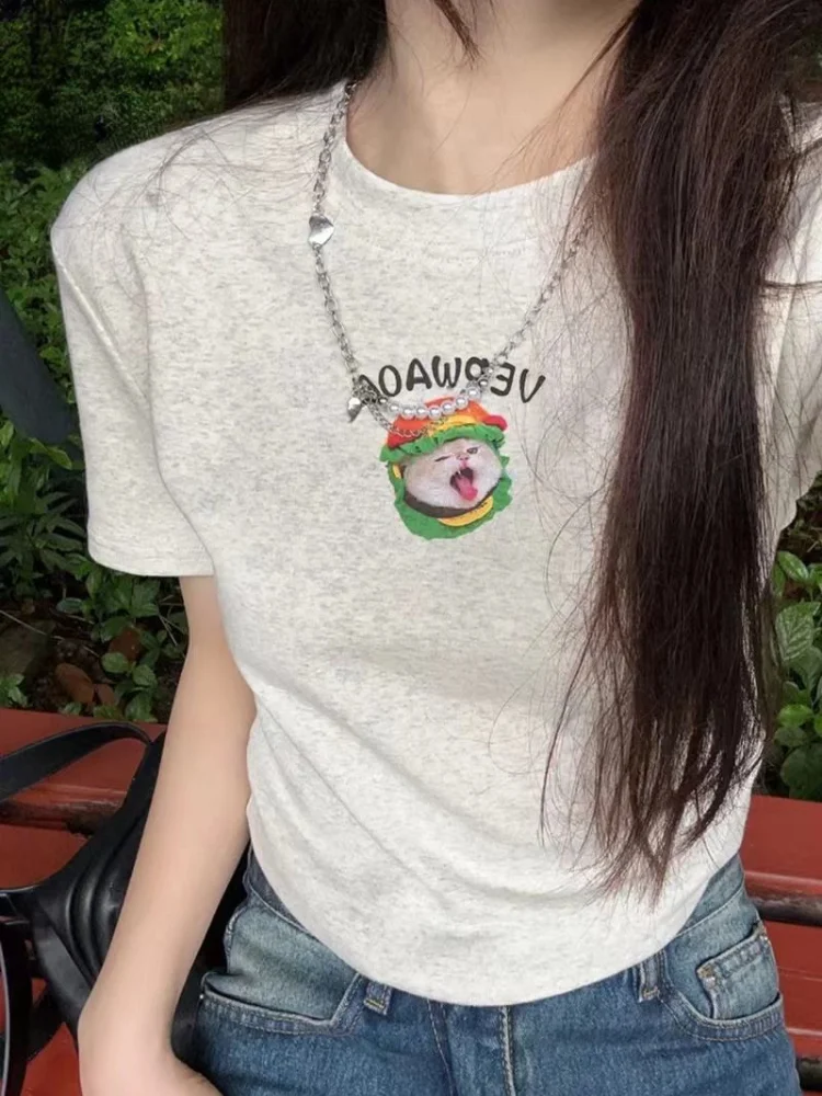 

Deeptown Y2k Aesthetic Cat Print Grey T-shirts Women American Retro Short Sleeve Tees Harajuku Korean Fashion Slim Corset Tops