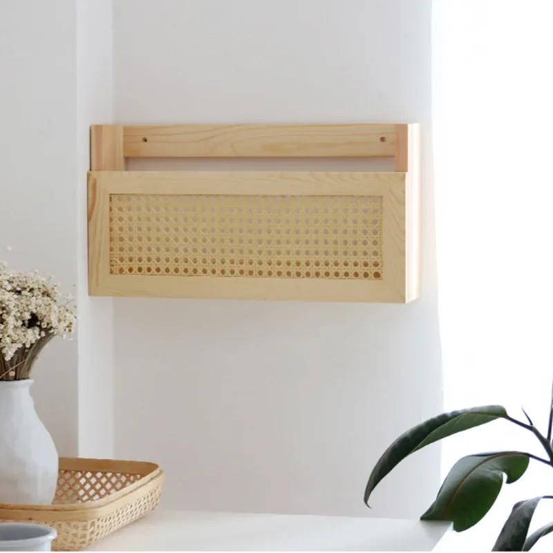 Kid's Study Book Shelf Wall Decoration Magazine Storage Solid Wood Rattan Newspaper Rack Wall Hanging Partition Display Stand