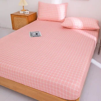 1PC Pink Plaid Fitted Sheet, Grid Pattern Elastic Deep Pocket Bed Sheet, Minimalist Bedding for Bedroom Decor