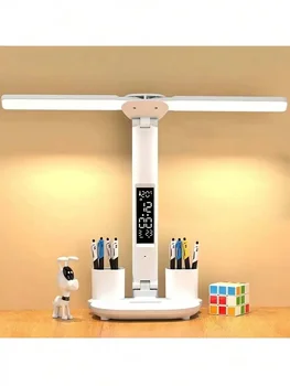 1 Double-Head Pen Holder Desk Lamp, White Light With Three Levels Of Brightness Adjustment, Time Display, USB Plug, Suitable For 1