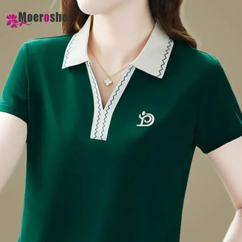 

Женская футболка-поло из 2024 хлопка с коротким рукавом, Женская свободная хлопковая Футболка с вышивкой, высококачественный Топ, Женские однотонные рубашки-поло