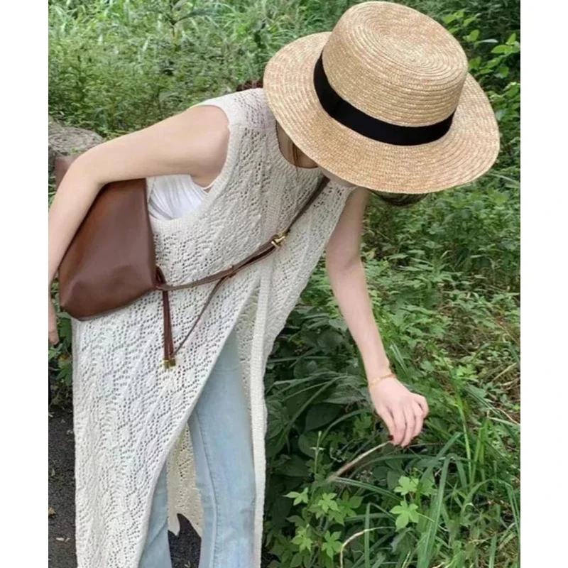 New Elegant Hollowed Out Sun Protection Knitted Cardigan Sweater Summer Elegant Solid Color Women's Sleeveless Long Smock