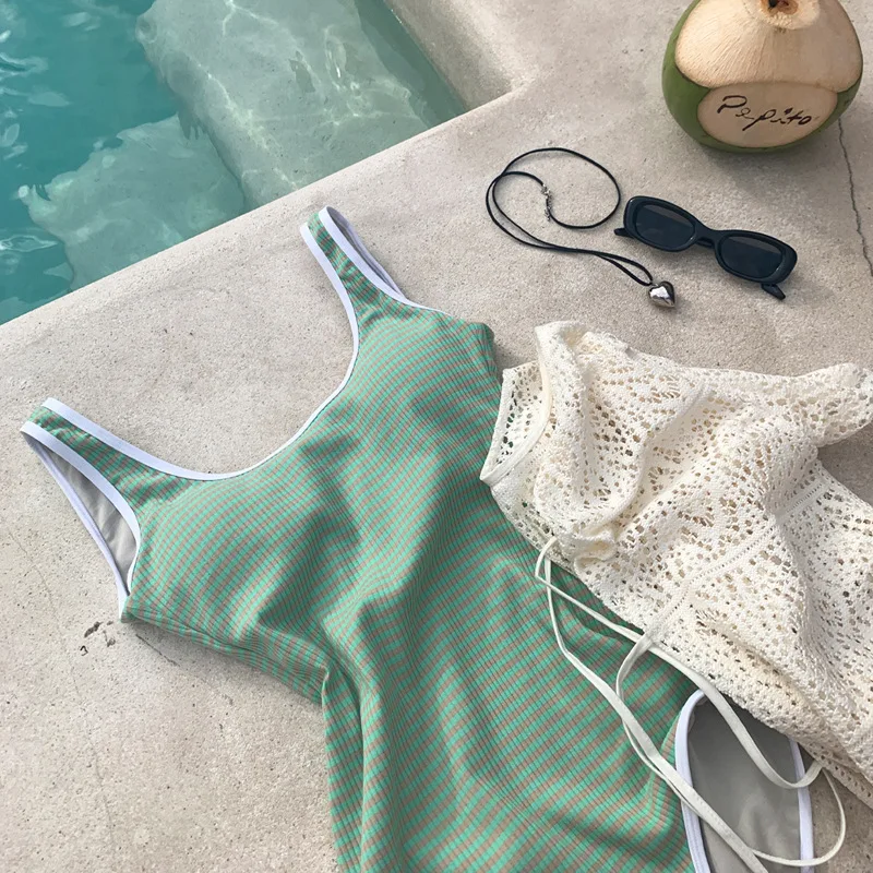 Lady's Green Printing Swimsuit, Lovely Beach Bathing Suit, stripe Students Sexy Swimwear, High Waist, Korean Surfing, New, 2024
