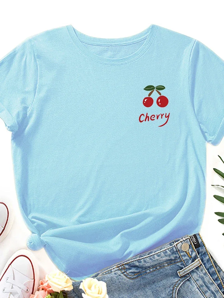 가슴에 레드 체리 프린트 여성 T 셔츠 반팔 O 넥 느슨한 여성 Tshirt Ladies Tee Shirt Tops Camisetas Mujer
