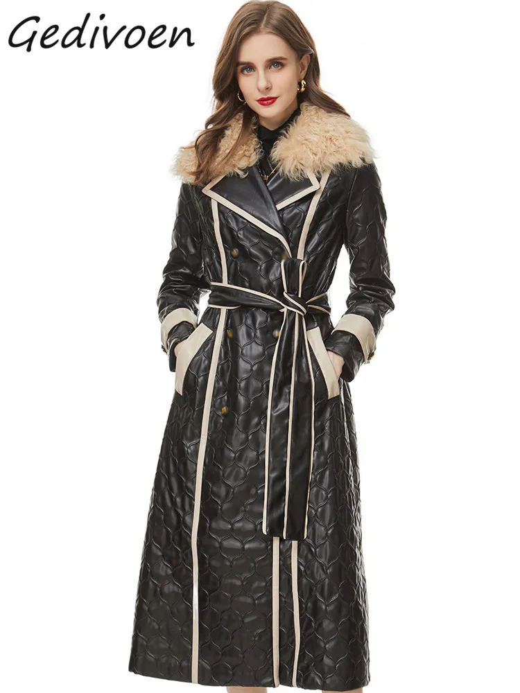 

Gedivoen Winter Fashion Runway Black Vintage Trench Coat Women Lapel Velvet Button Frenulum Gathered Waist Slim Long Trench Coat