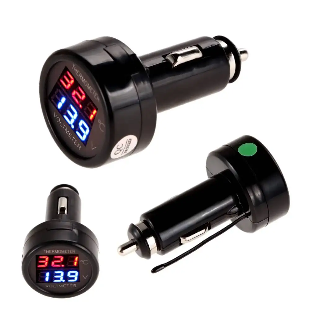 12V LED Digital Voltmeter Thermometer Cigarette Lighter Socket